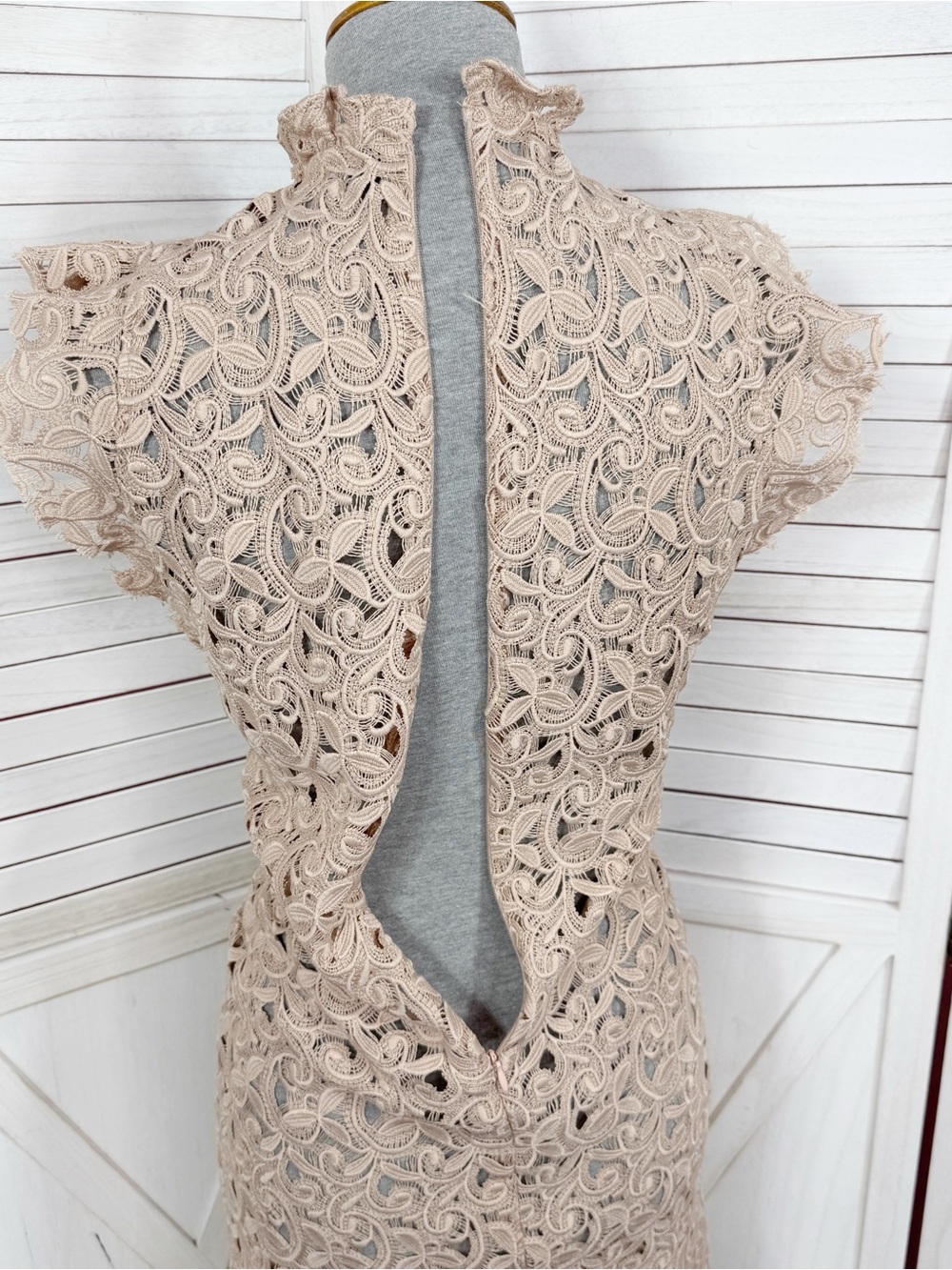 Zara Sheer Lace Ruffle Trim Sheath Dress Nude Tan Large Resort Coquette - Picture 7 of 12